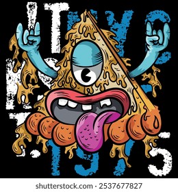 Urban pizza illustration with tongue and hands up, bright colors with urban and city texts with numbers in college style, grunge skateboard designs and evoking the current lifestyle.