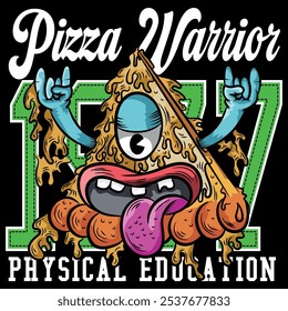 Urban pizza illustration with tongue and hands up, bright colors with urban and city texts with numbers in college style, grunge skateboard designs and evoking the current lifestyle.