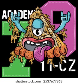 Urban pizza illustration with tongue and hands up, bright colors with urban and city texts with numbers in college style, grunge skateboard designs and evoking the current lifestyle.