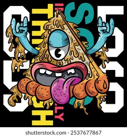 Urban pizza illustration with tongue and hands up, bright colors with urban and city texts with numbers in college style, grunge skateboard designs and evoking the current lifestyle.