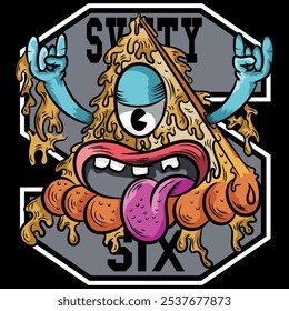 Urban pizza illustration with tongue and hands up, bright colors with urban and city texts with numbers in college style, grunge skateboard designs and evoking the current lifestyle.