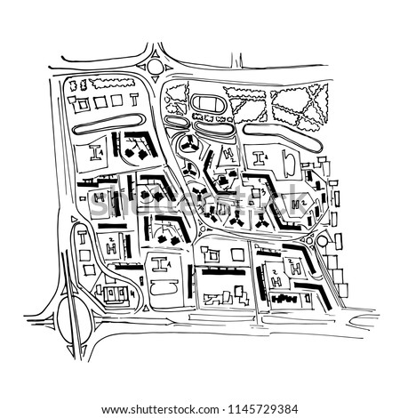 Urban plan of a city, old village. Doodle city map. Vector city drawing. Street map. Futuristic Megalopolis City Basis Plan.