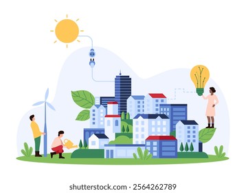 Urban planners designing a green city powered by renewable energy sources, including wind turbines and solar panels, to promote environmental sustainability in urban landscapes vector illustration