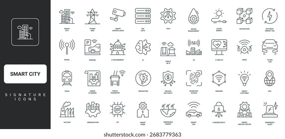 Planejamento urbano, gerenciamento e automação de IA, símbolos delimitadores preto e vermelho fino 5G ilustração vetorial Cidade inteligente com energia ecológica renovável e infraestrutura de IoT, GPS e conjunto de ícones de linha de sensores.