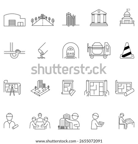 Urban planning architecture construction icon pack with engineering tools design infrastructure blueprint civil project site development symbol outline.
