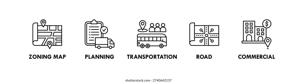 Urban Planning banner web icon illustration concept with icon of zoning map, planning, transportation, road, commercial