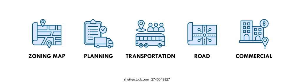 Urban Planning banner web icon illustration concept with icon of zoning map, planning, transportation, road, commercial