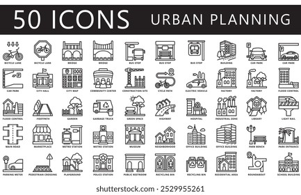 Urban planning black outline icons set. contain building, garden, bridge, office, residential, transport and more. Vector EPS 10 for UI or UX kit, web and app, construction, environment, industry