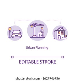 Urban planning concept icon. City development and construction industry idea thin line illustration. Town infrastructure, building facilities. Vector isolated outline RGB color drawing Editable stroke