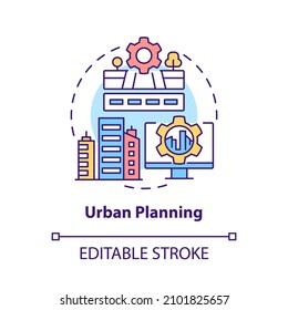 Urban planning concept icon. Digital twin use case abstract idea thin line illustration. Virtual representation. Isolated outline drawing. Editable stroke. Roboto-Medium, Myriad Pro-Bold fonts used