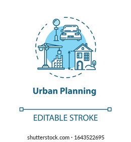 Urban planning concept icon. Infrastructure and transportation. Housing in town. Building construction idea thin line illustration. Vector isolated outline RGB color drawing. Editable stroke