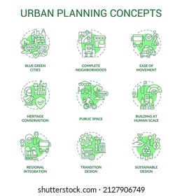 Urban planning green concept icons set. City environment. Town development process idea thin line color illustrations. Isolated symbols. Editable stroke. Roboto-Medium, Myriad Pro-Bold fonts used