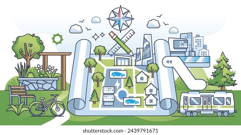 La planificación urbana con infraestructura urbana verde y sostenible delinea el concepto. Barrio moderno con puntos de carga de vehículos eléctricos, exuberantes parques para la ilustración vectorial de vida ambiental.