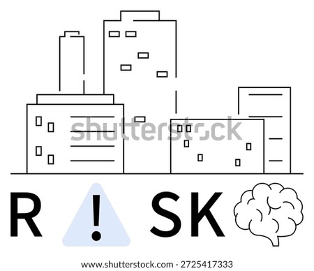 Urban planning, hazard evaluation, risk awareness, crisis management, human cognition, decision making. City buildings, exclamation alert and brain. Urban planning and hazard evaluation concept