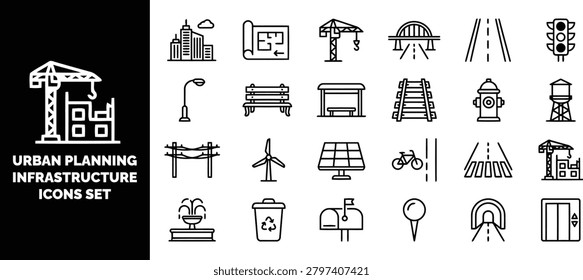 Urban planning and infrastructure set, black and white line symbols for city development, construction, and public facilities