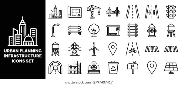 Urban planning and infrastructure set, featuring city buildings, transportation, utilities, and public amenities in line style