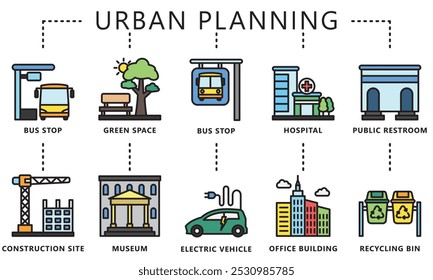 Conjunto de ícones multicoloridos lineares de planejamento urbano. contém parada de ônibus, museu, construção, jardim, espaço verde, VE, hospital e muito mais. Vetor EPS 10 para UI, UX kit, web e app, ambiente, indústria.