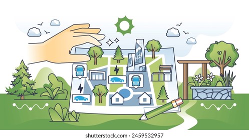 Urban planning and modern city design development outline hands concept. New district or residential area project construction with sustainable infrastructure and green parks vector illustration.