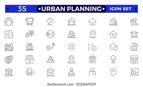 Ícones da Estrutura de tópicos de planejamento urbano. Desenvolvimento urbano, infraestrutura urbana inteligente, planejamento urbano, desarquitetura, cidade, construção, construção.
