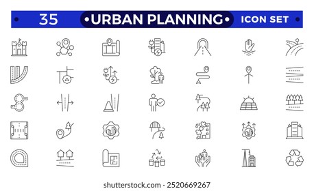 Ícones da Estrutura de tópicos de planejamento urbano. Desenvolvimento urbano, infraestrutura urbana inteligente, planejamento urbano, desarquitetura, cidade, construção, construção.
