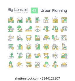 Urban planning RGB color icons set. City growth. Infrastructure development. Sustainable architecture. Isolated vector illustrations. Simple filled line drawings collection. Editable stroke