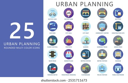 Urban planning rounded color icons set. contain bike, building, garden, bridge, office, residential, transport and more. Vector EPS 10 for print, UI, UX kit, web and app, construction, environment.