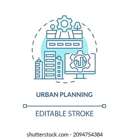 Urban planning turquoise concept icon. Designing buildings abstract idea thin line illustration. Digital twin use. Isolated outline drawing. Editable stroke. Roboto-Medium, Myriad Pro-Bold fonts used