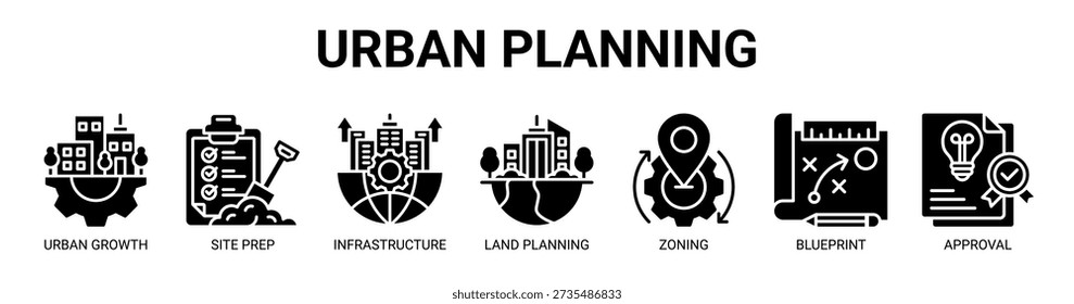 Urban Planning web banner icon vector illustration concept with icon of urban growth, site preparation, infrastructure development, land planning, zoning, blueprint, and project approval.