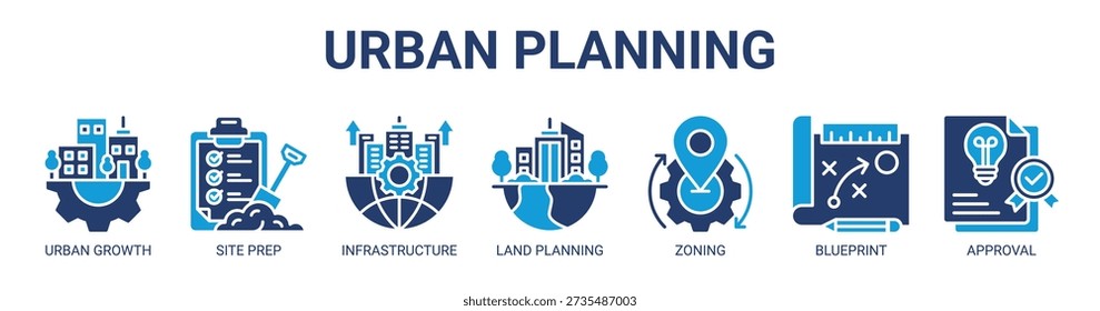 Urban Planning web banner icon vector illustration concept with icon of urban growth, site preparation, infrastructure development, land planning, zoning, blueprint, and project approval.