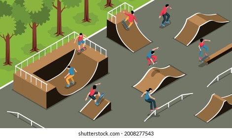 Zona de juegos urbana para el fondo isométrico del deporte extremo con rampas de patinaje y patinaje para adolescentes y ilustración del vector de patinaje