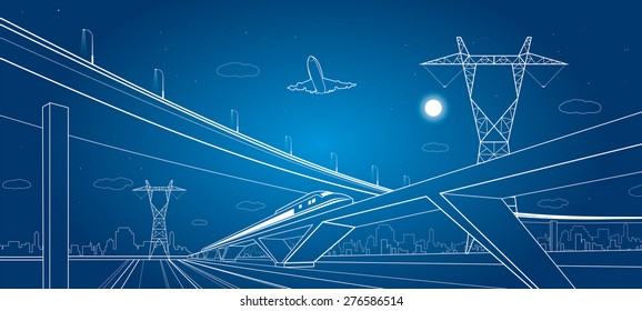 Urban plot, train move on the bridge, vector design, art