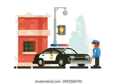 Urban Police Office. Vector illustration shows police officer, car in city setting.