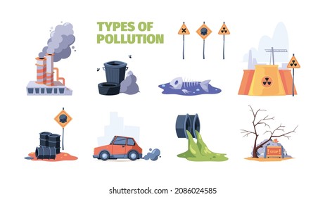 Urban Pollution. Toxic City Industrial Garbage Liquid Puddle Waste Garish Vector Cartoon Concept Pictures Set