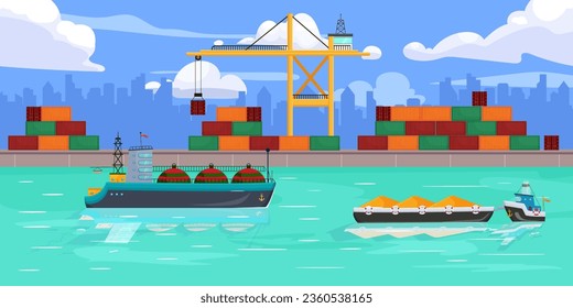 Urbane Hafenlandschaft. Großer Tanker. Umarmen mit Sand. Hubkran. Stadtlandschaft im Hintergrund. Wasserkanal. Pier und Dock mit Container. Exportieren von Unternehmen. Gewerbliche Lieferung. Vektorgrafik