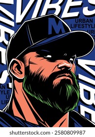 Urban portrait of a bearded man with a cap and bold expressions. Lifestyle illustration concept
