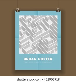 Urban poster with labyrinth, vector template with maze