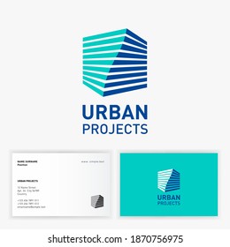 Urban project logo. Icon of architect bureau. Twisted сube with volume effect and letters. Logo can used for build business, real estate, rent estate and construction icon. Business card.