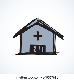 Urban public first emt medication center isolated on white backdrop. Web modern simple outline logo. Freehand linear black ink hand drawn emblem sketchy in retro doodle contour style pen on paper