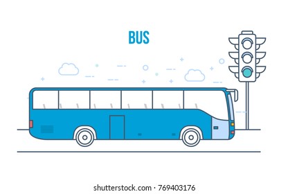 Urban public transport bus, cityscape, high skyscrapers, low houses on city street. Passenger bus traveling along road. Bus boarding. Travel, vacation, leisure, traffic light. Vector illustration