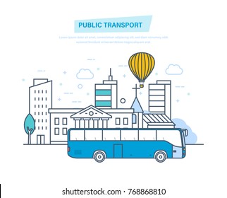 Urban public transport, cityscape, high skyscrapers, low houses on city street. Blue passenger bus traveling along road. Travel, vacation, leisure. Illustration thin line design of vector doodles.