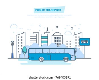 Urban public transport, cityscape, high skyscrapers, low houses on city street. Blue passenger bus traveling along road. Travel, vacation, leisure. Illustration thin line design of vector doodles.