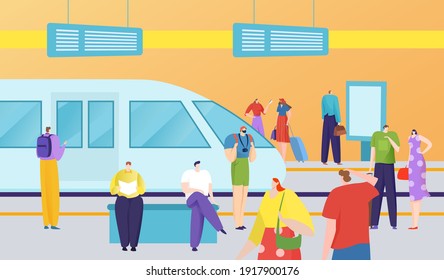 Urban public transport, rapid transit, waiting passengers, modern train, metro station, design cartoon style vector illustration. Traveling by rail, tourists, men and women waiting for their flight.