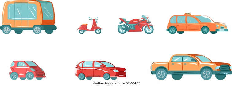 Urban public transport set with bus, taxi, vehicle, car automobile and motor bike for city isolated on white flat vector illustration collection. Modern city passenger transportation and transporting.