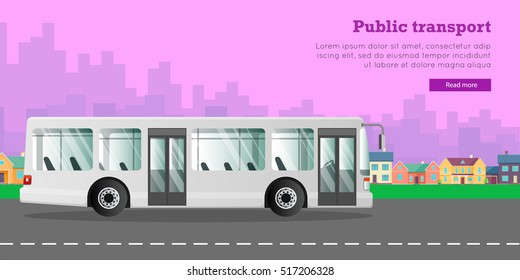 Urban public transport. White passenger bus with two automatic doors driving on road of city. Long four-wheeled auto. Some high skyscrapers and low houses on violet background. Vector illustration