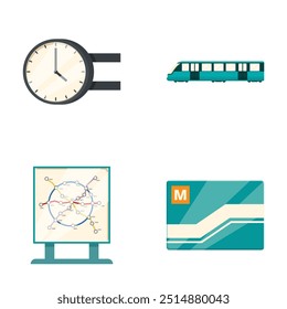 Ícones de transporte público urbano configurados para uma aplicação Web moderna minimalista. Projeto de símbolos gráficos de ilustração vetorial para metrô da cidade. Metrô. Barramento. E viajar de trem com horário programado. Rota