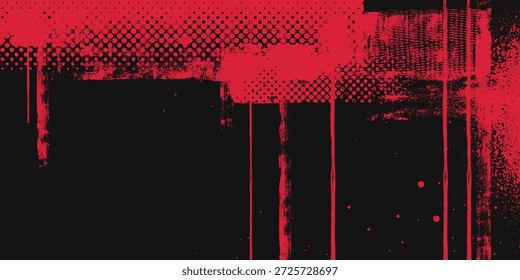 Urban punk background with neon red paint brushes, splatter effect. Vector realistic illustration of black street wall with grunge color texture, halftone dots, distress scratches, rough lines