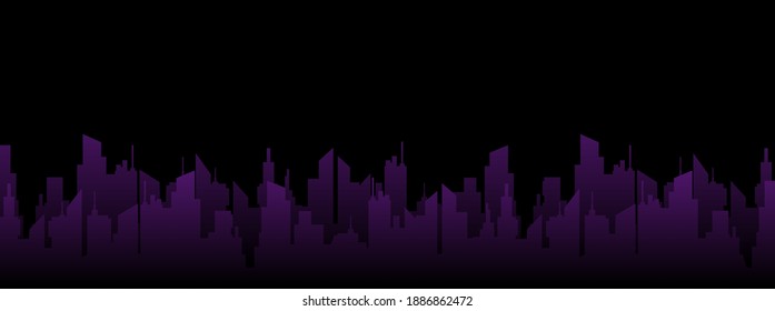 Urban purple night landscape. Dark silhouettes of abstract skyscrapers metropolis against background of black vector sky.
