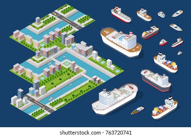 Urban quarters of the town with houses, river and the embankment. A set for constructing an isometric city. Includes skyscrapers, houses, shops offices, natural sites, trees, ships, transport