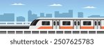 Urban railway illustration. Train in the city. Subway train over cityscape. City landscape with train. Train moving on a bridge. Public transportation art. Tram city illustration. High speed subway.