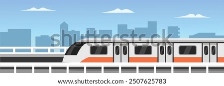 Urban railway illustration. Train in the city. Subway train over cityscape. City landscape with train. Train moving on a bridge. Public transportation art. Tram city illustration. High speed subway.